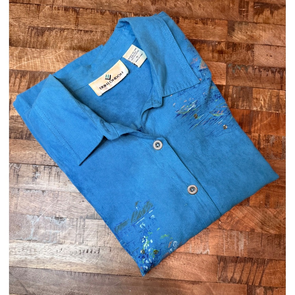 Erin London Turquoise Faux Suede Scenic Graphic Button Up Shirt Women XL Blue